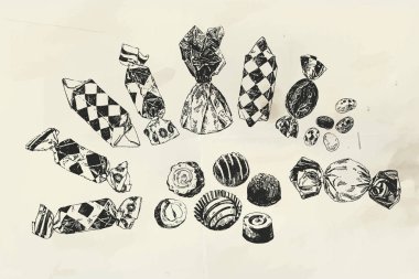 Mürekkep çeşitli şekerler, vintage illüstrasyon eski kağıt üzerine çizilmiş çizilmiş