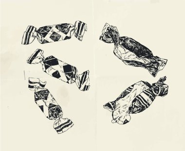 Mürekkep çizilmiş şekerler ve boş şeker sarmalayıcıları çift ile Vintage illüstrasyon