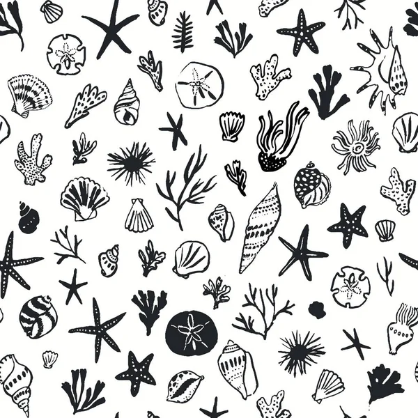 Seamless Pattern Seashells Corals Starfishes Ink Drawn Marine Background — 图库矢量图片