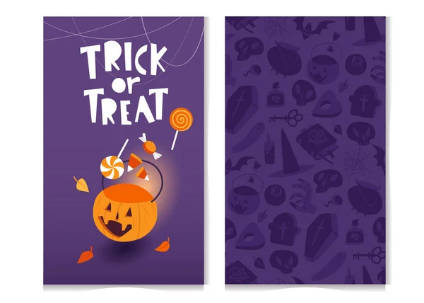 Truque Deleite Design Cartão Cumprimento Halloween Com Padrão Sem Costura — Vetor de Stock