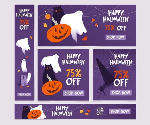 Conjunto Vetorial Banners Venda Halloween Com Abóbora Gato Preto Fantasmas —  Vetores de Stock