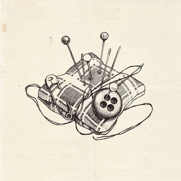 Vintage Σχέδιο Ενός Μικρού Μαξιλαριού Βελόνας Βελόνες Και Καρφίτσες Ζωγραφισμένη — Διανυσματικό Αρχείο