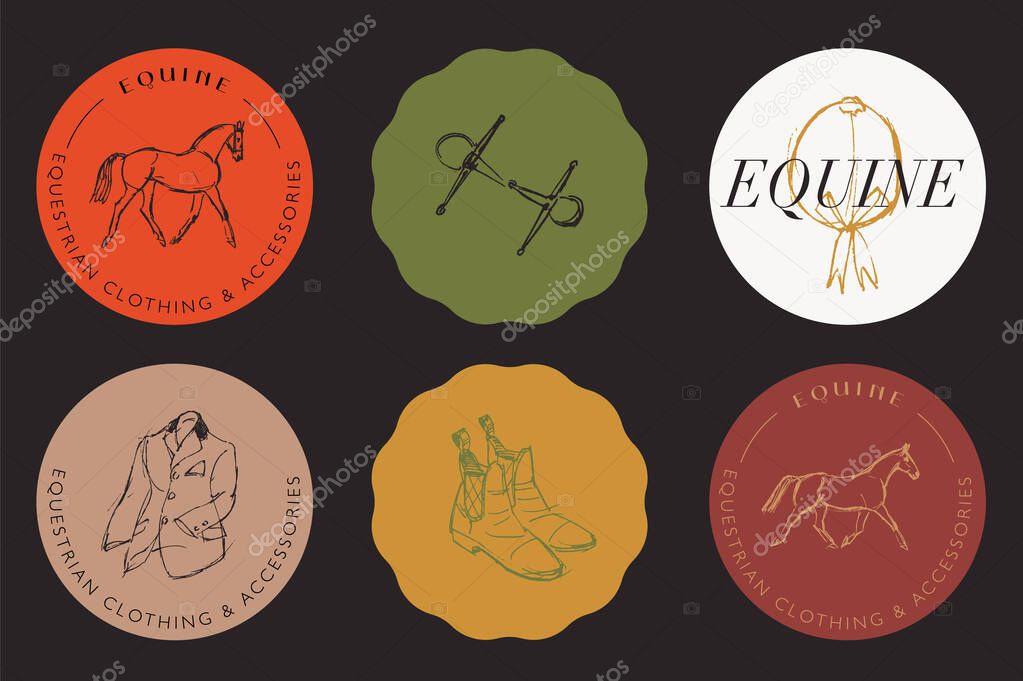 Equestrian sticker templates for horseback riding products, hand drawn equine illustrations
