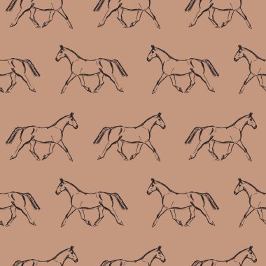 Koşu atı, binicilik, kusursuz desen tasarımı, el çizimi illüstrasyon.