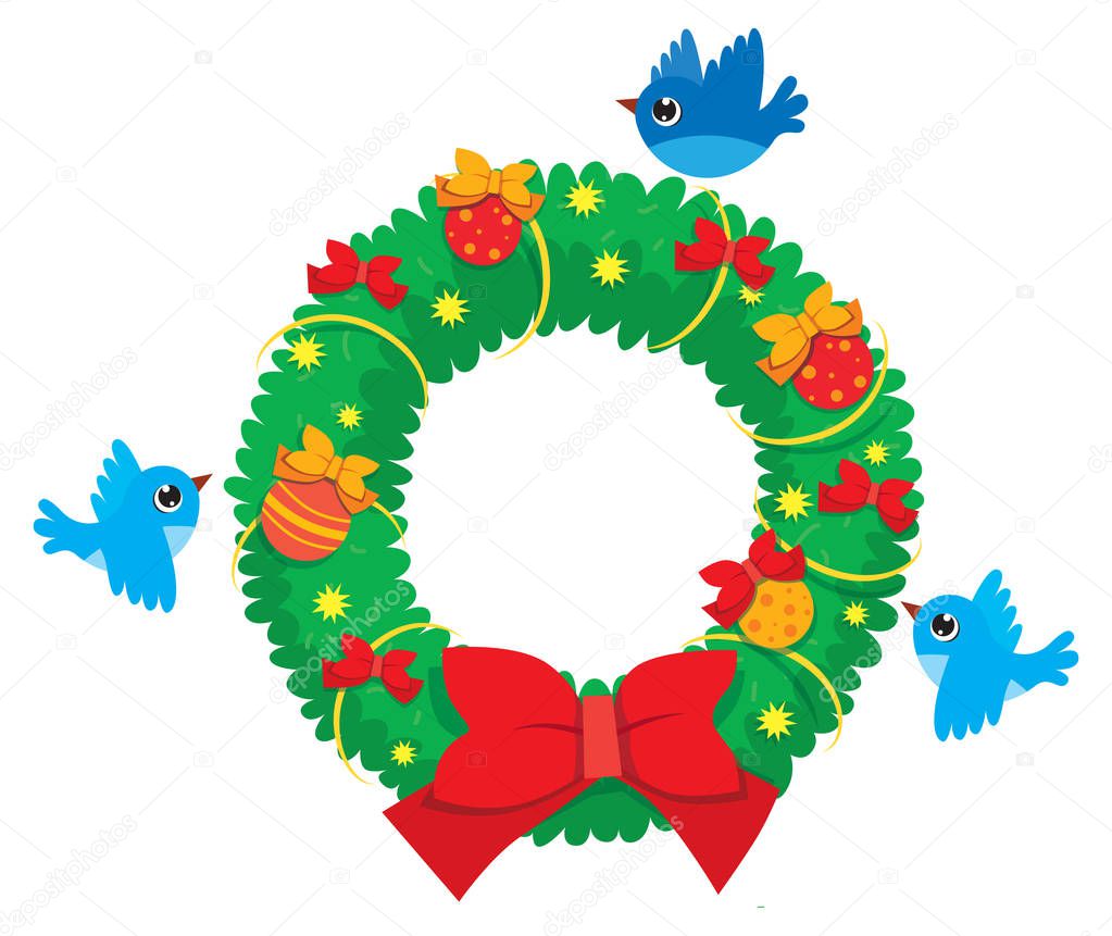 vector Christmas wreath of realistic cartoon branches with flying birds