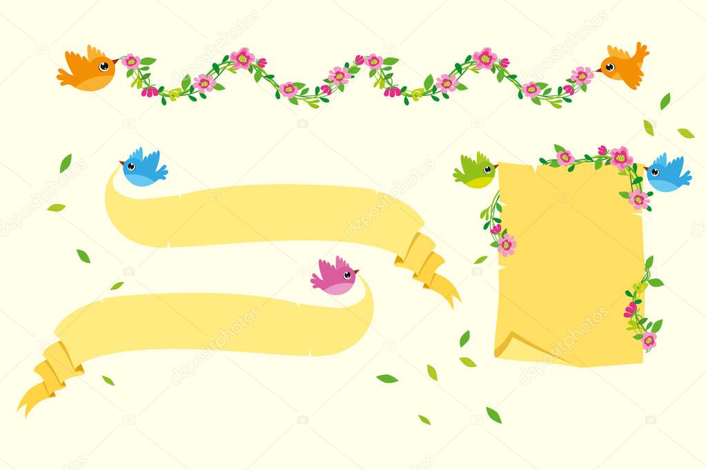Flying birds with Banners Vector Set