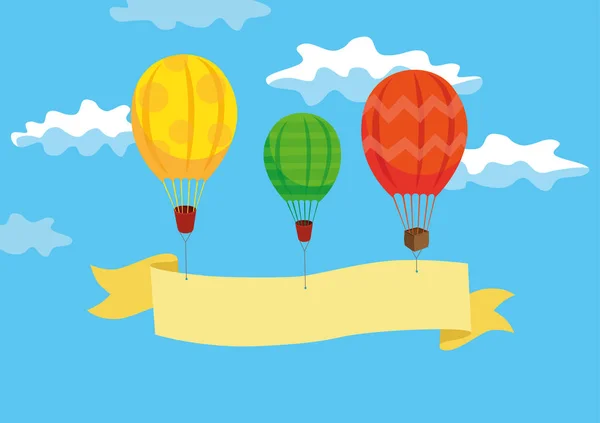 Three Hot air balloons with ribbon in the sky with clouds. Vector illustration — Stock Vector