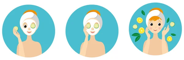 Mulher de beleza com máscara de produto natural no rosto . — Vetor de Stock