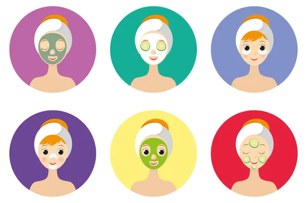 Different types of facial masks and skin care illustration set. — Stock Vector