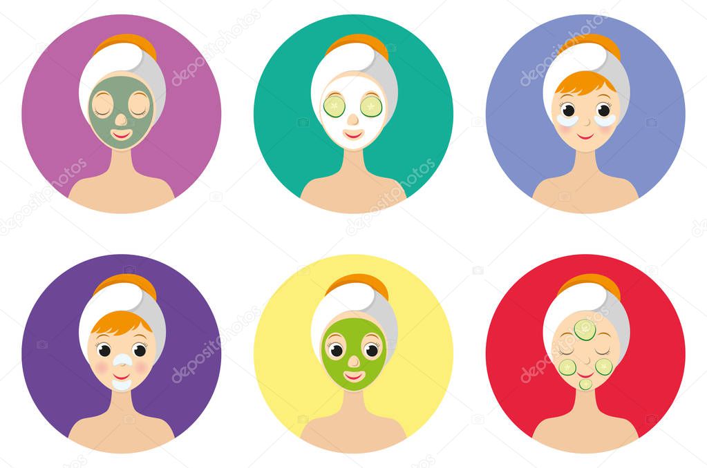 Different types of facial masks and skin care illustration set.