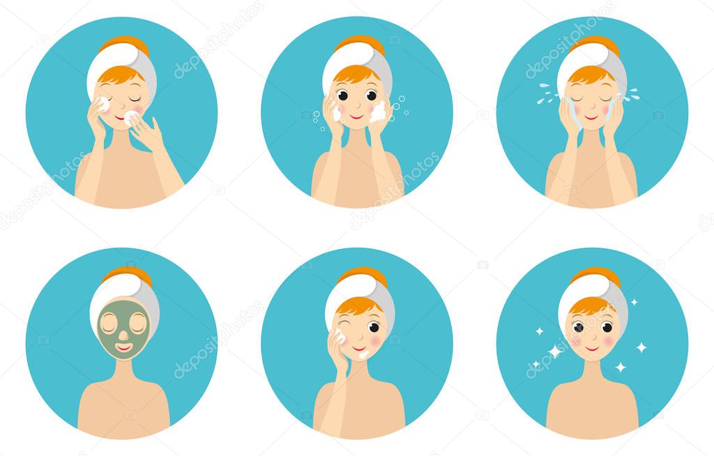 Face care routine. Girl Cleaning And Care Her Face With Various Actions Set. Skincare vector.
