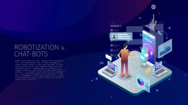 modern izometrik tasarım tarzı kavramsal kompozisyon Robotizasyon ve Sohbet-botlar metafor