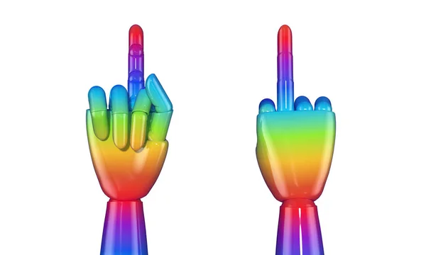 Künstliche Hand in Regenbogengradienten gefärbt mit Mittelfinger — Stockfoto