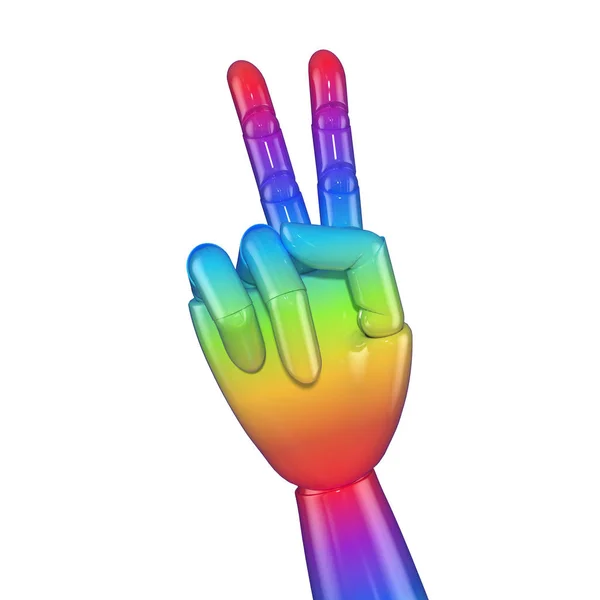 Artificial hand colored in rainbow gradient showing V sign — Stock Photo, Image