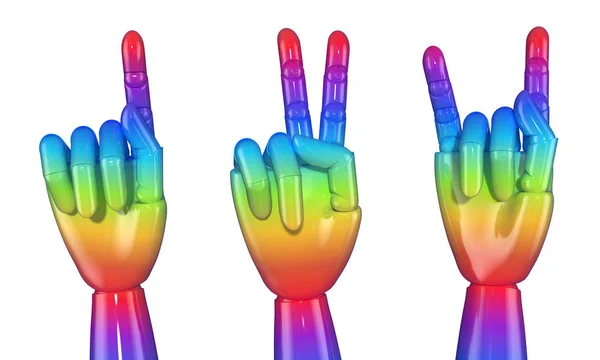 Set di mani artificiali in colori arcobaleno che mostrano gesti — Foto Stock