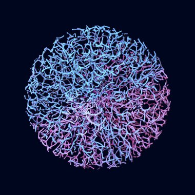 Çok detaylı yüksek çözünürlüklü, siyah üzerine izole edilmiş organik küresel şekilli 3D görüntüleme.