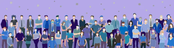 Gran pancarta web horizontal con multitud de personas que usan máscaras — Vector de stock