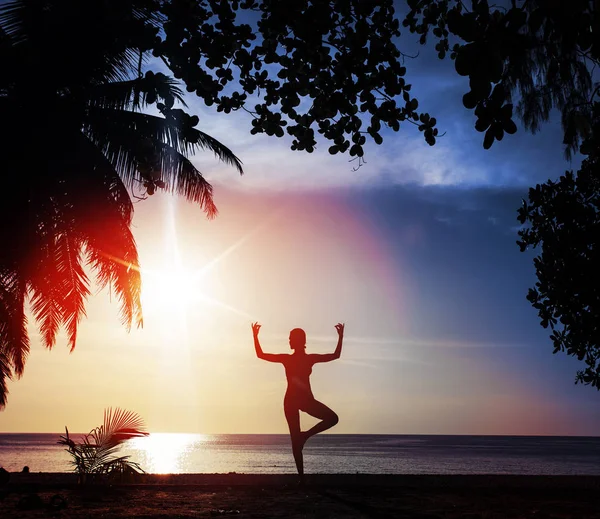Entrenamiento Mujer Flexible Una Playa Tropical — Foto de Stock