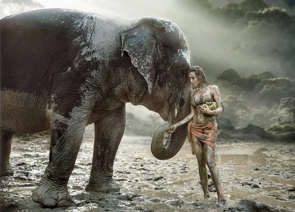 Sensual Jovem Domador Alimentando Seu Animal Estimação Elefante — Fotografia de Stock
