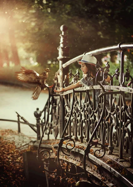 Cute Little Child Feeding Wild Bird City Park — Stock Photo, Image