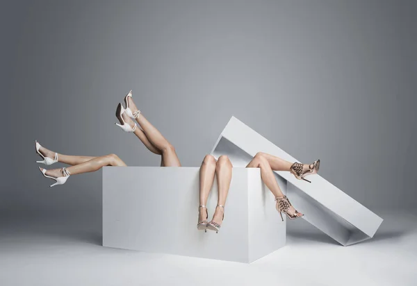 Conceptual Picture Women Legs Huge Gift Box — Stock Photo, Image