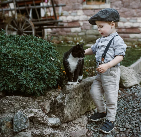 可爱和英俊的男孩抚摸一只猫 图库照片