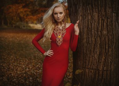 Sarışın kadın sonbahar bir ormanda ve poz