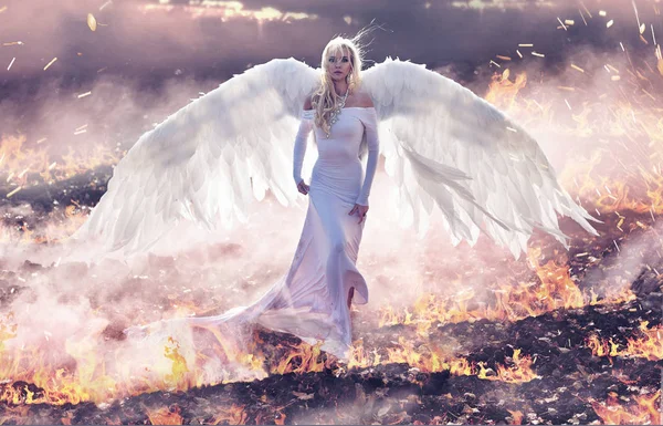 Conceptual Portrait Angel Walking Hell Flames Royalty Free Stock Images