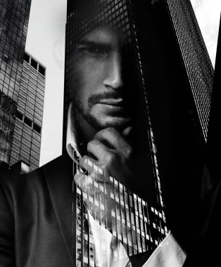 Kavramsal bir kentsel peyzaj ile yakışıklı bir adam portresi