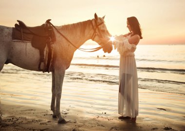 Sakin bir at ile güzel, genç kadın