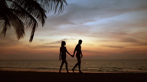 Casal atraente relaxante e caminhando em uma praia tropical — Fotografia de Stock