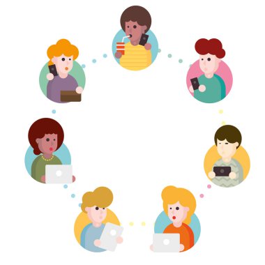 Vektör çizim birbirine bağlı insanlar simgeler içeren bir soyut sosyal ağ şeması.