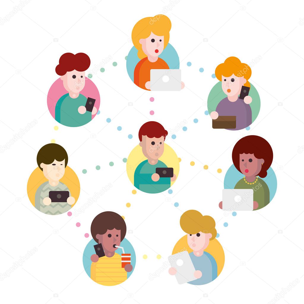 Vector illustration of an abstract social network scheme, which contains people icons connected to each other.