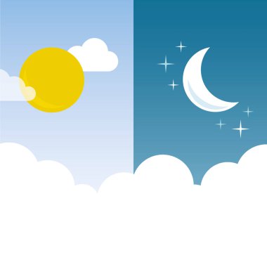 Gece gündüz düzeni. Güneş, ay, yıldız ve bulutlar afiş. Weathe