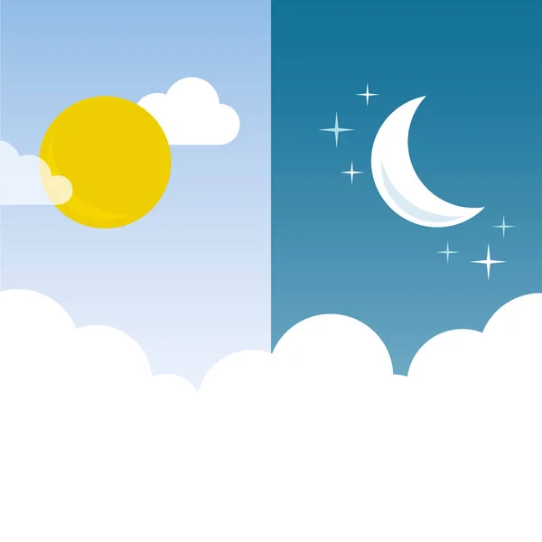 Día y noche. Sol, luna, estrellas y nubes. Weathe. — Vector de stock