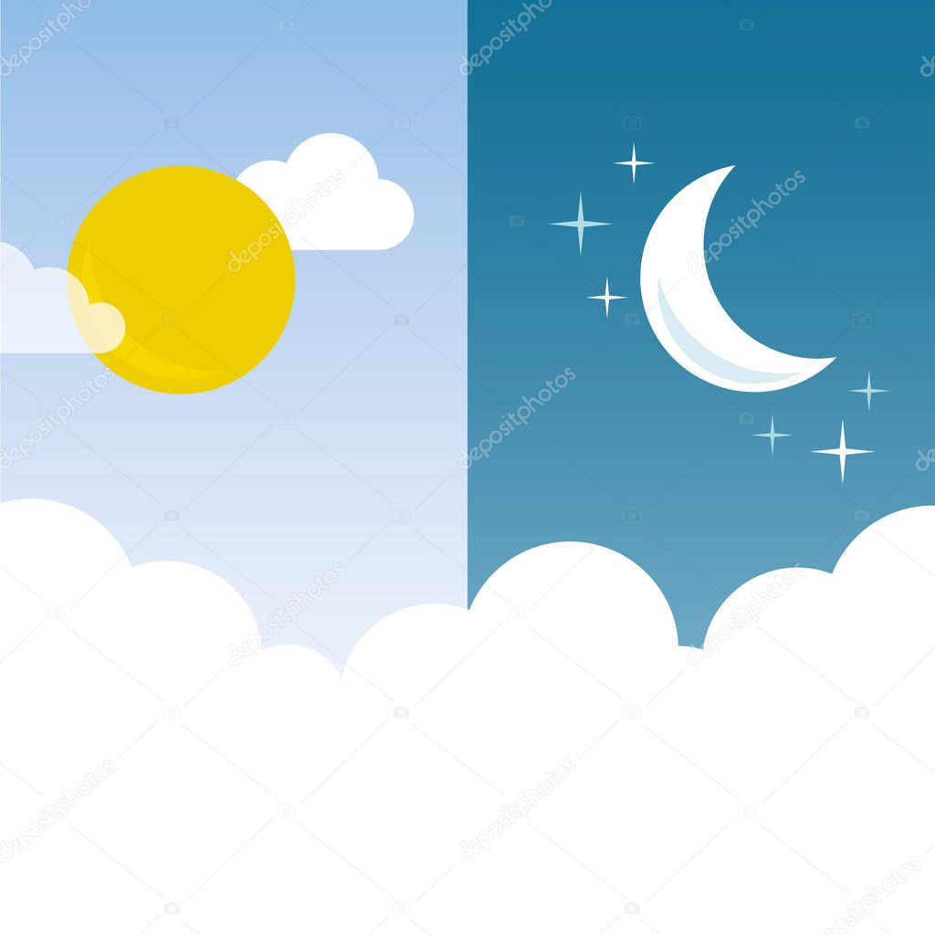 Day and Night layout. Sun, moon, stars and clouds banner. Weathe