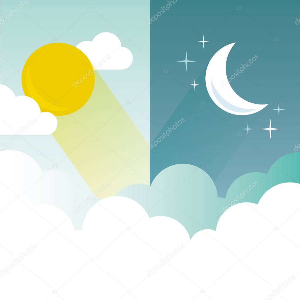 Day and Night layout. Sun, moon, stars and clouds banner.