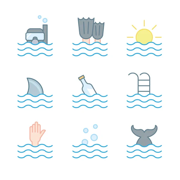 Collezione Icone Onde Simboli Subacqueo Piscina Mare Pesce Estate Nuoto — Vettoriale Stock