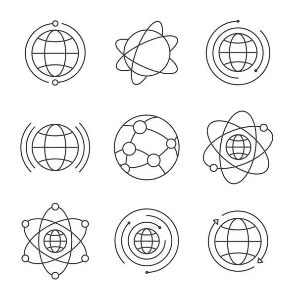 Набор Значков Глобуса Глобальные Признаки Социальной Сети Тонкая Линия Вектора — стоковый вектор
