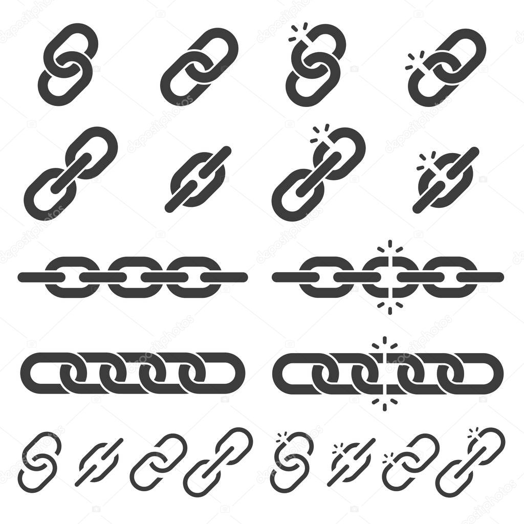 Chain or link icons set. Broken or closed segment, vector illustration