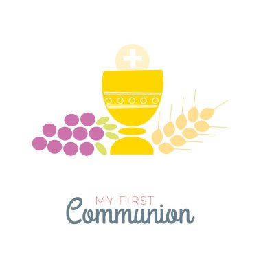 Bir güzel davetiye tasarımı için ilk Komünyon sembolleri. Düz kilise ve Christian Community 