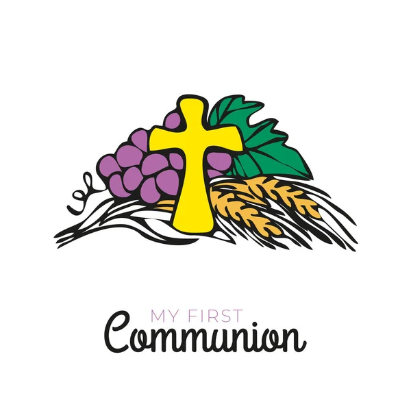 First Communion Symbols Nice Invitation Design Church Christian Community Flat — Stock Vector