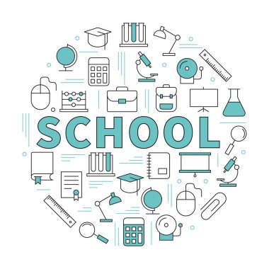 Kelime okul simgeleri tarafından çevrili. Vektör arka plan illüstrasyon