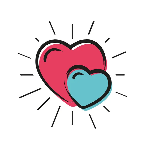 Doodle kärlek hjärtan mönster med sunburst — Stock vektor