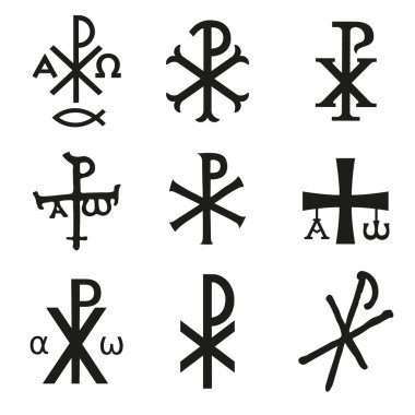 Hıristiyan simgeleri simgeleri ayarlayın. Parlak Chi Rho, Christogram, Chrismon, dudak sembolleri ayarla