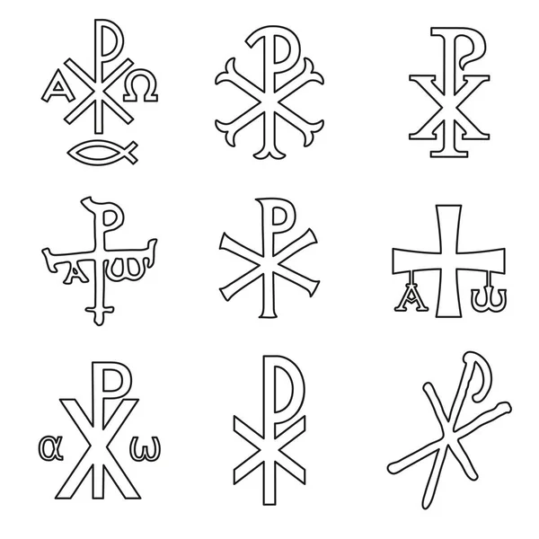 Zestaw Ikon Symboli Chrześcijańskich Zestaw Symboli Dla Labarum Błyszczący Chi — Wektor stockowy