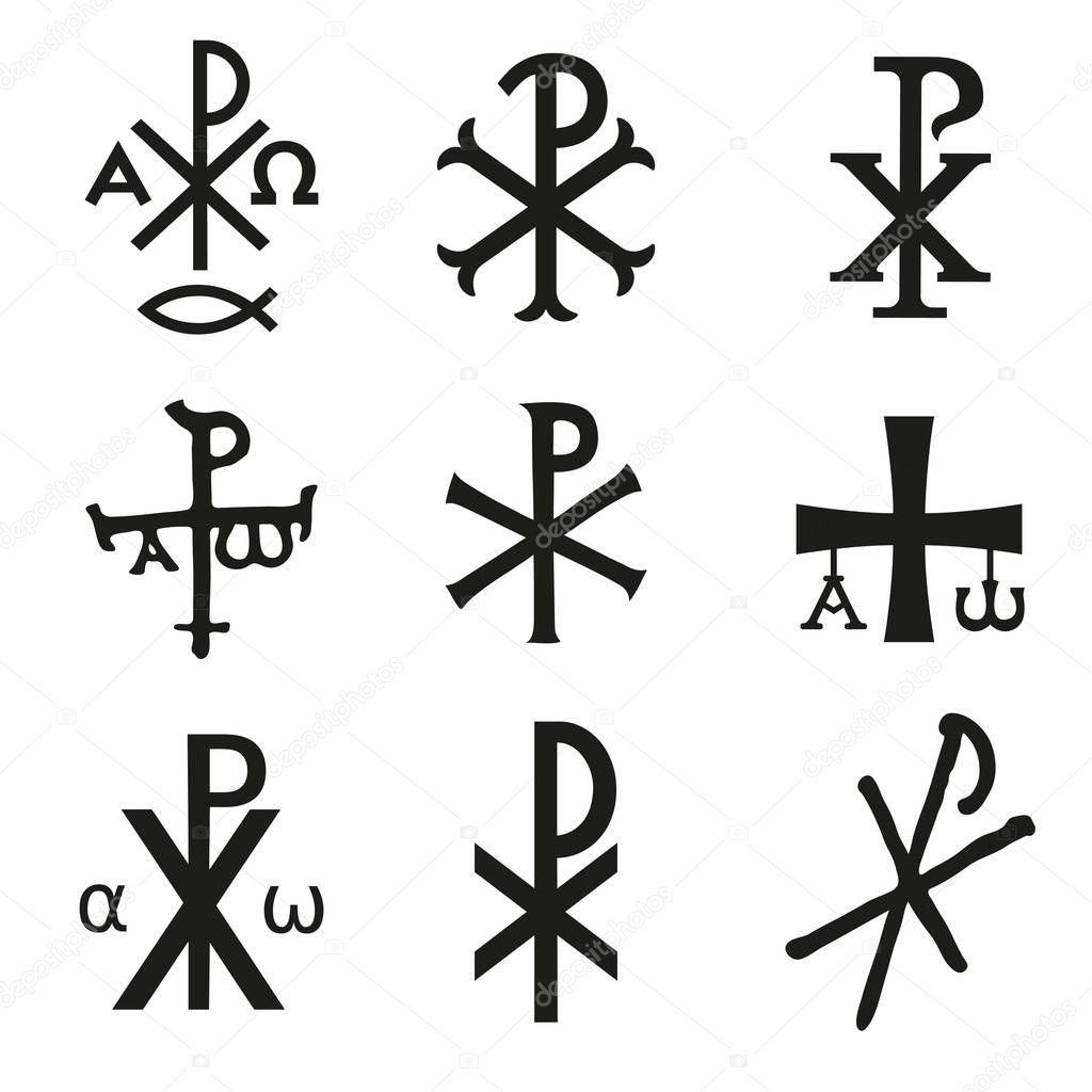 Christian symbols icons set. Glossy Chi Rho, Christogram, Chrismon, Labarum symbols set