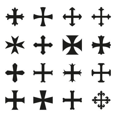 Christian Icons set haçlar. Farklı formları. Beyaz bir arka plan üzerinde izole. Vektör çizim