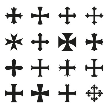 Christian crosses icons set. Different forms. Isolated on a white background. Vector illustration