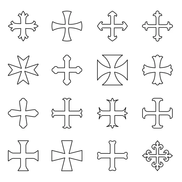 Christian Crosses Icons Set Outline Different Forms Isolated White Background — Stock Vector